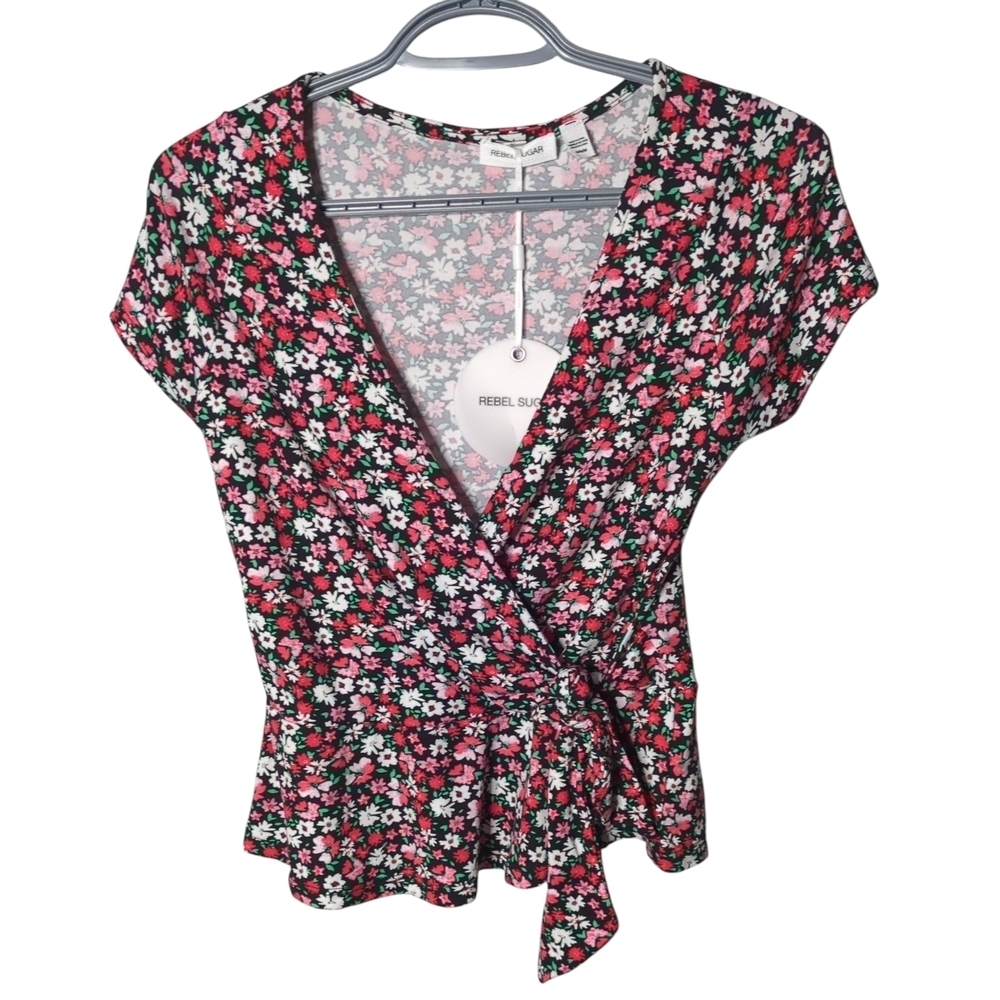 NWT Rebel Sugar Ditsy Floral Faux Wrap Peplum Blouse Size Medium